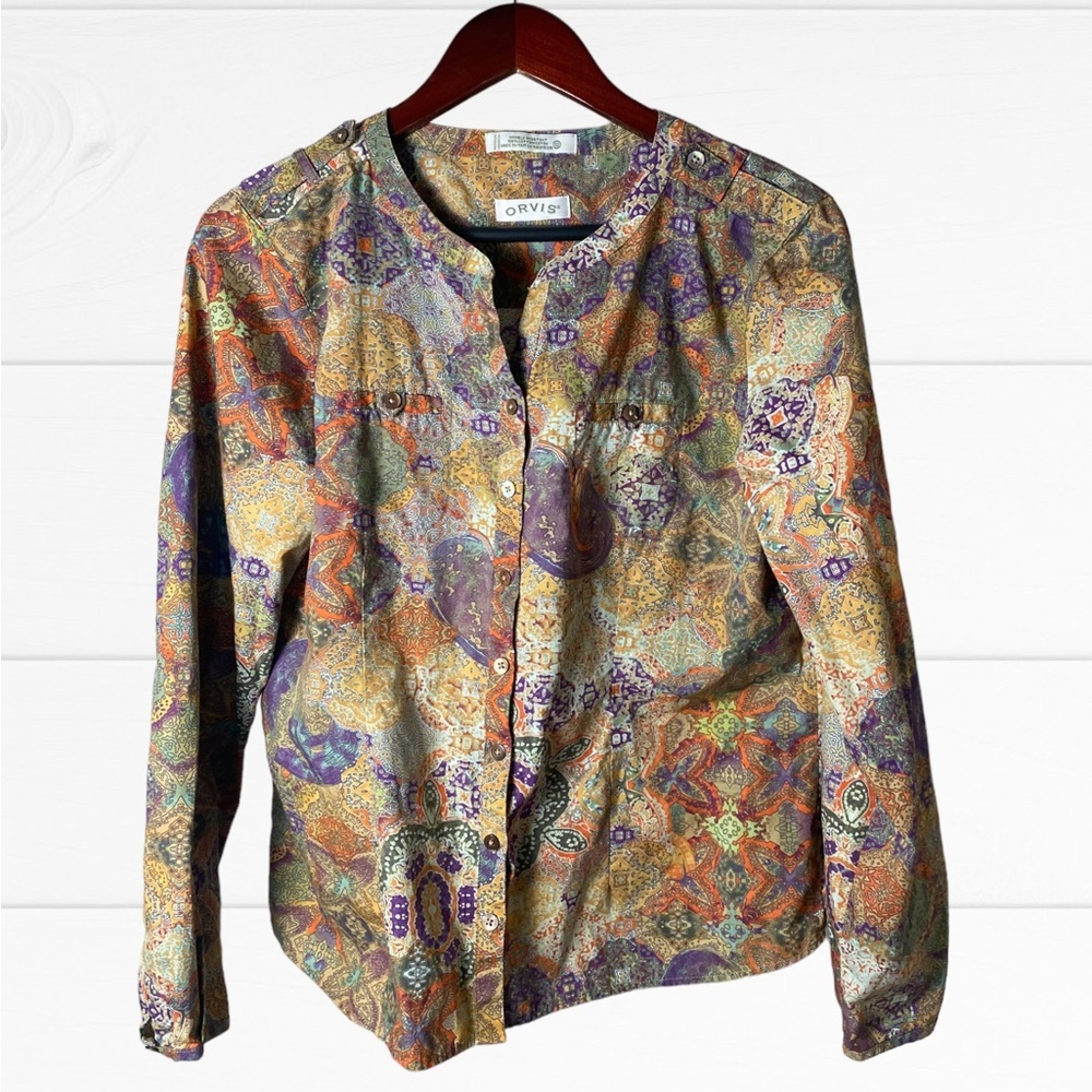 Orvis Shirt Women Size 12 All Colorful Print Long Sleeve Collard ButtonUp Shirt